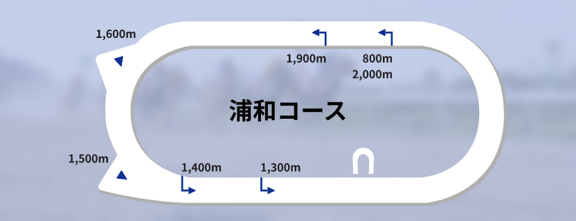 浦和競馬場2000mコースレイアウト図：左回りで直線300m（ゴールまで220m）、約2周の長距離コース設定
